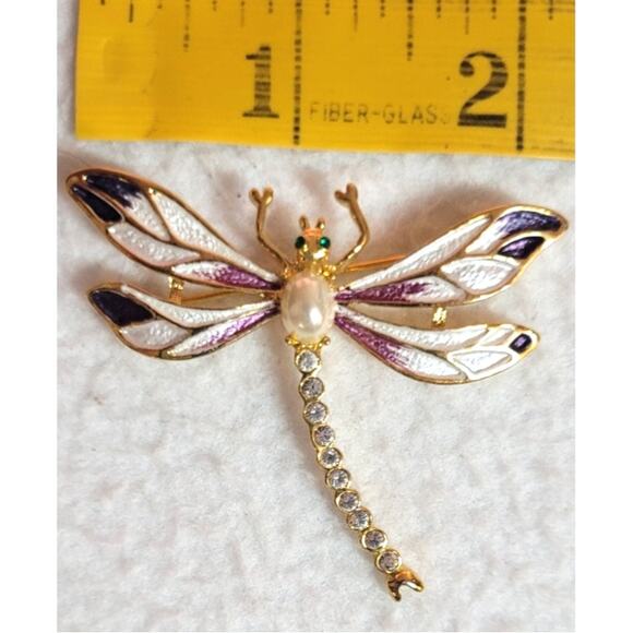 Vtg Unsigned Carucci Dragonfly Purple Enamel Faux Pearl Rhinestone Brooch 2" - Picture 2 of 6